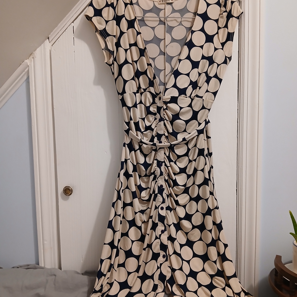 Vintage Navy and Antique White Polka Dot Midi Dress Y2k Quiet Luxury Capsule